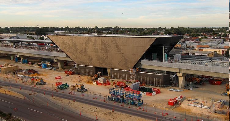 Image of elevated station as part of the Victoria Park-Canning Level Crossing Removal Project.